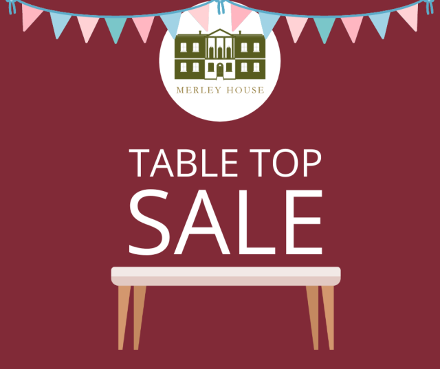 A graphic with a red background featuring white bunting along the top. A table with text above reads Merley House Table Top Sale