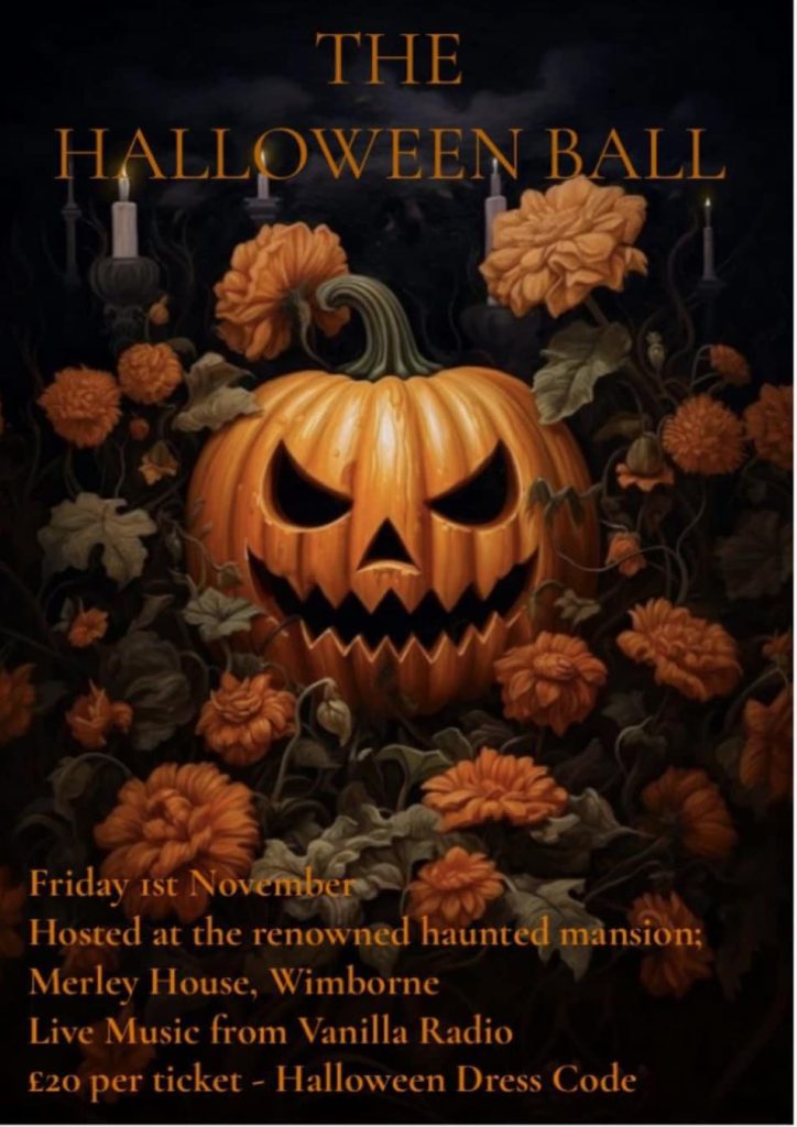 A poster for The Tap House Wimborne featuring a large Halloween pumpkin on a spooky background. Text reads Halloween Ball. Friday 1st November 2024. Set at the renowned haunted Merley House. Live music by Vanilla Radio. £20 per ticket. Halloween dress code.